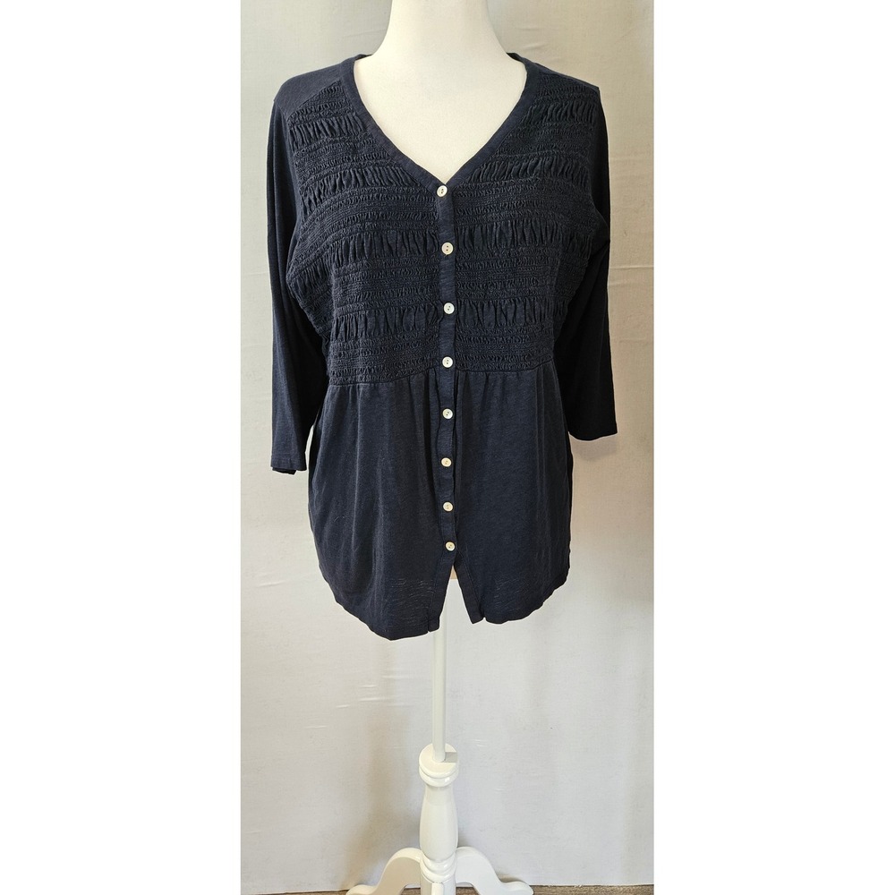 J.Jill Womens XL Petite Navy Blue Smocked Button Front Cardigan 3/4 Sleeve Top
